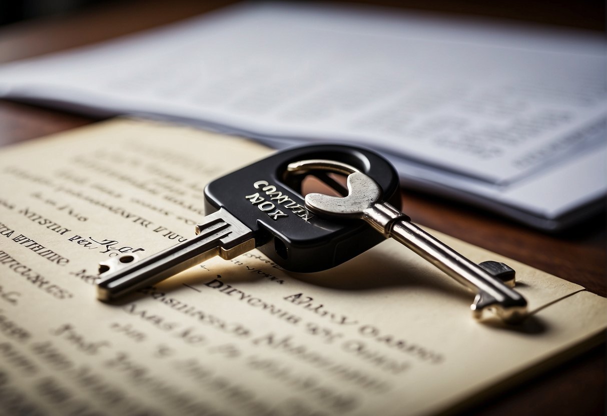 A house key turning in a lock with an open title document and a real estate contract on a table