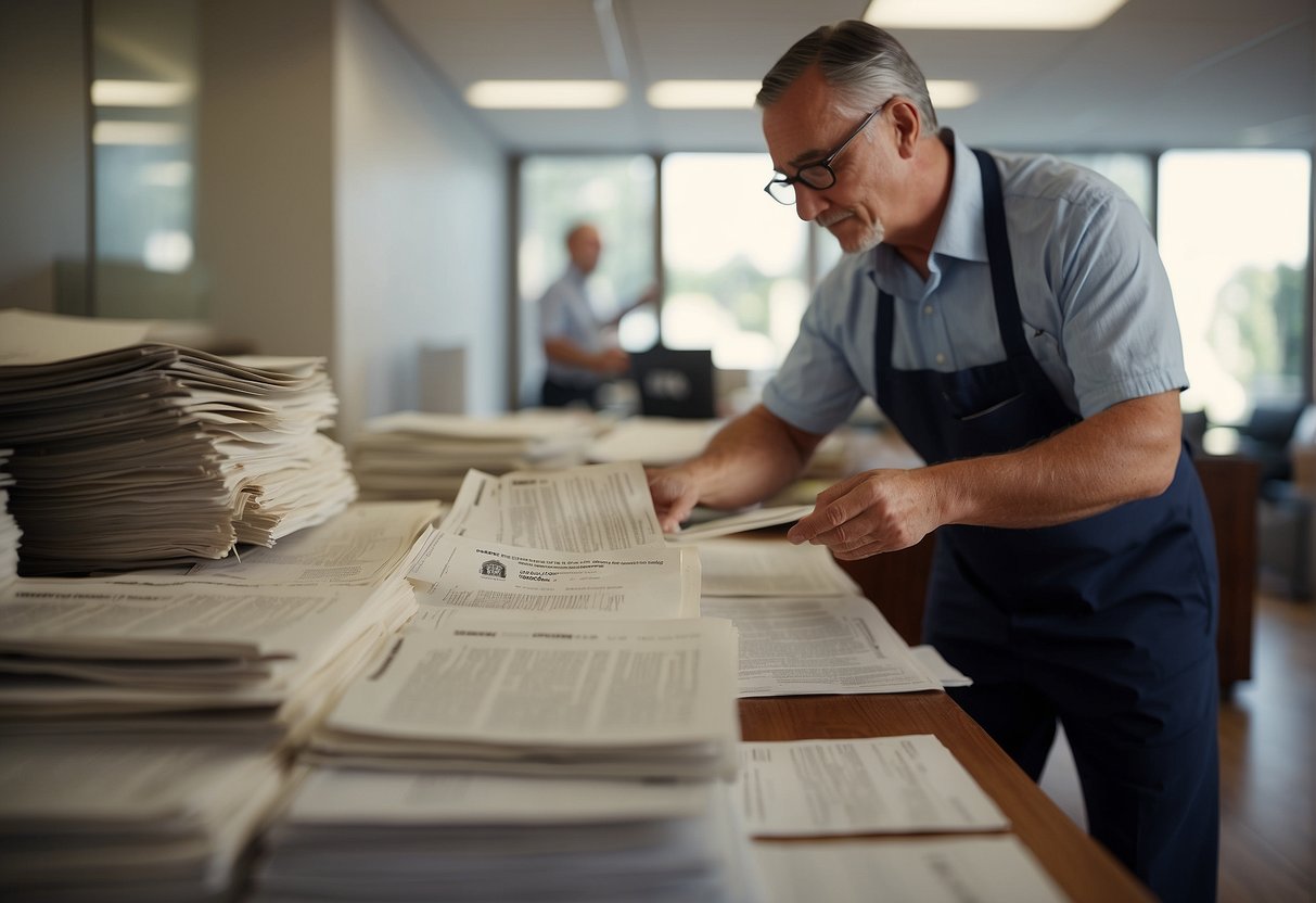 A title company employee examines property records, while a 